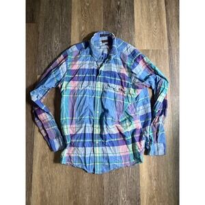 Gant Mens Authentic Indian Madras Plaid Button Down Shirt Blue Purple Large